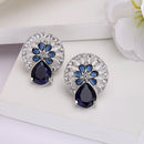 Rhodium Plated with Blue & White American Diamonds Circular Shaped Stud Earrings