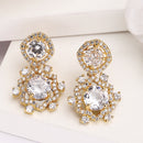 Gold Plated cushion Halo White American Diamond Contemporary Drop Earrings