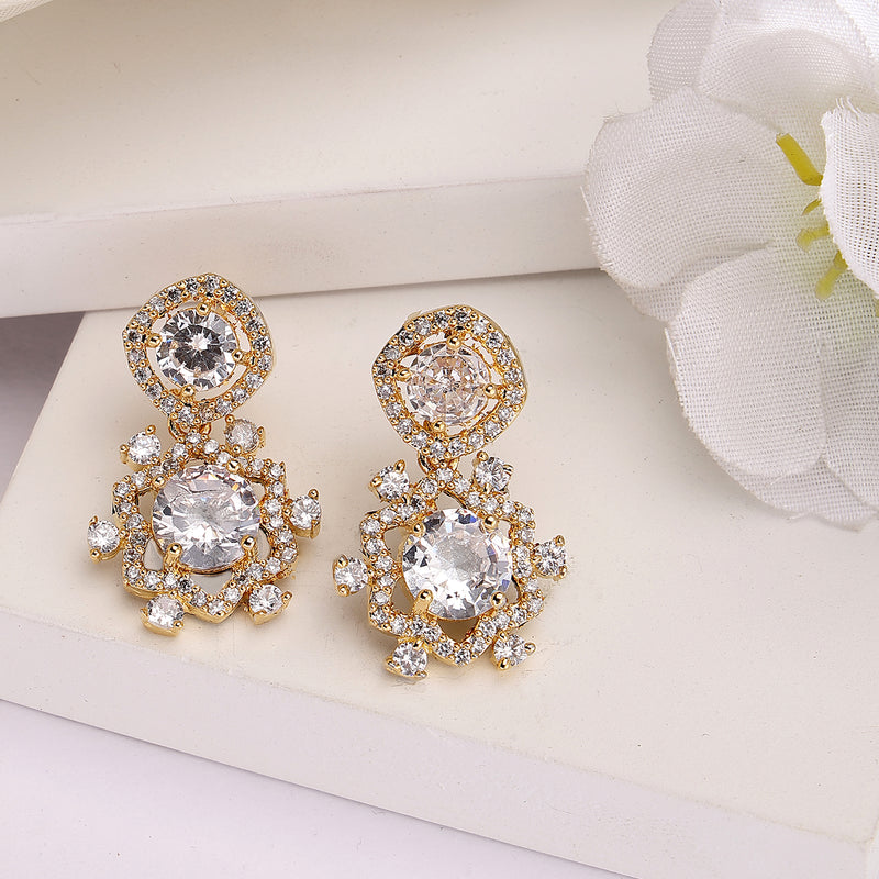 Gold Plated with White American Diamond Small Drop Earrings