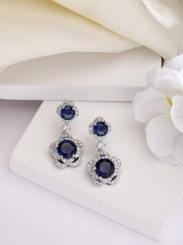 Rhodium Plated with Dual Blue American Diamonds Drop Earrings