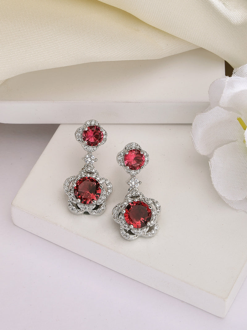 Rhodium Plated with Dual Red American Diamonds Drop Earrings