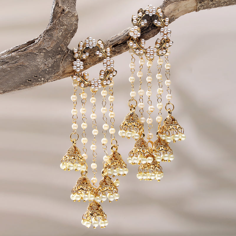 Gold Plated with White Pearl Bedded Handcrafted Jhumka Dangle Earrings