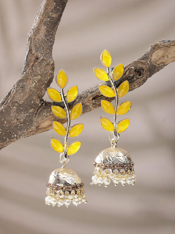 Gold Plated with Leaf Shaped American Diamond Studded Drop Earrings