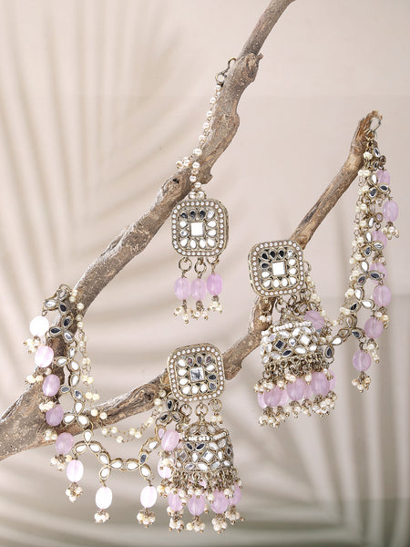 Gold Plated Bahubali Pearl & Kundan Maang Tikka With Earrings