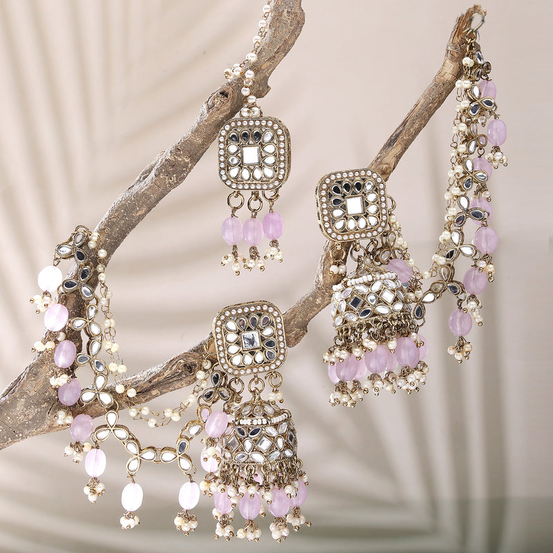 Gold Plated Bahubali Pearl & Kundan Maang Tikka With Earrings