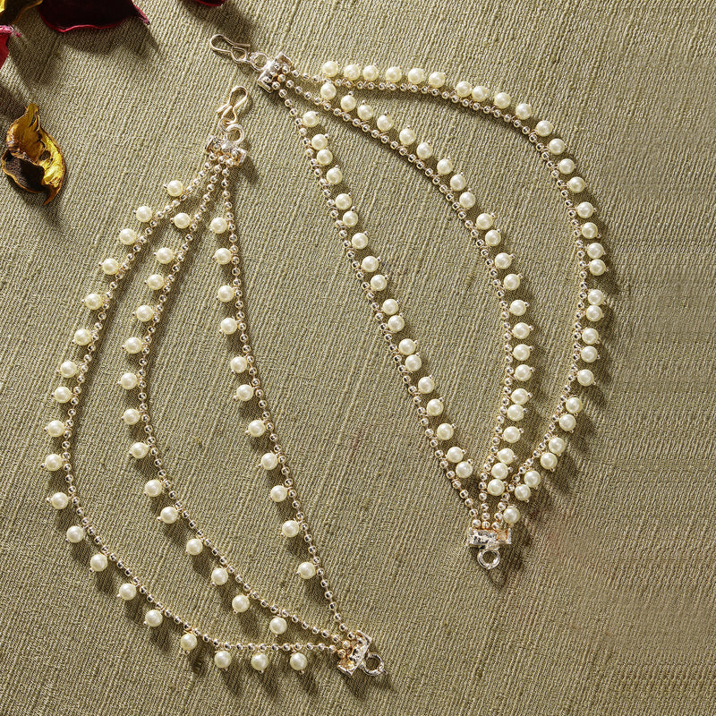 Gold Plated with White Pearls Studded Long Chain Attachment for Earrings