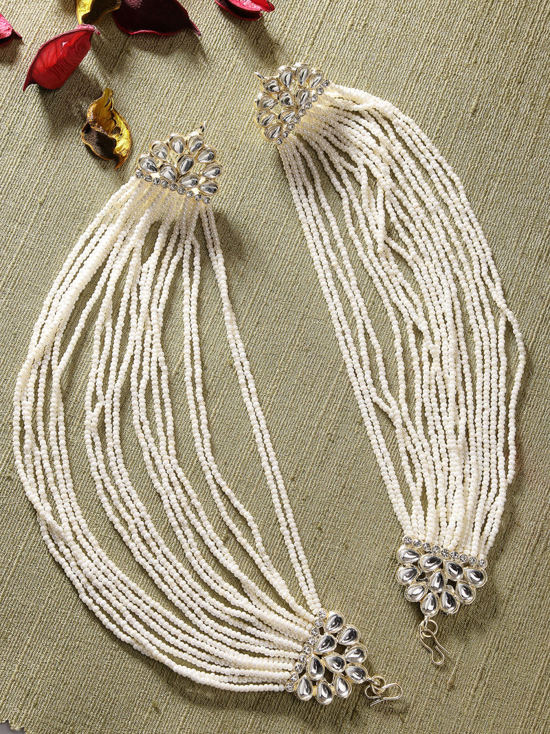 Rhodium Plated with White Pearls Studded Long Chain Attachment for Earrings