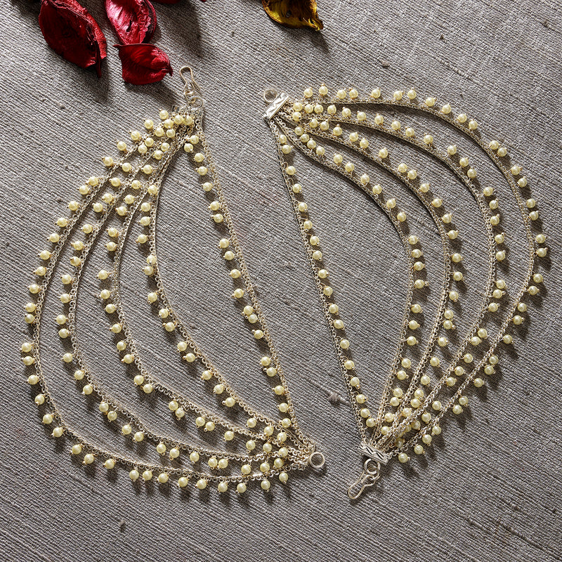 Gold Plated with White Pearls Studded Long Chain Attachment for Earrings