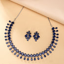 Rhodium-Plated Silver Toned Pear Shaped American Diamond Studded Necklace with Earrings Jewellery Set with Girls and Women (Royal Blue)