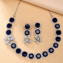 Rhodium Plated Silver Toned Blue Cussion Cut AD Studded  Necklace With Matching Drop Earrings