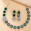 Rhodium Plated Silver Toned Green Cussion Cut AD Studded  Necklace With Matching Drop Earrings