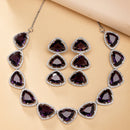 Rhodium Plated Silver Toned Purple Trillion Cut AD Studded Necklace With Matching Drop Earrings