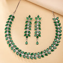 Rhodium Plated Silver Toned Green Floral American Diamond Studded Necklace With Matching Earrings