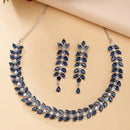 Rhodium Plated Silver Toned Blue Floral American Diamond Studded Necklace With Matching Earrings