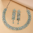 Rhodium Plated Silver Toned Sea Green Floral American Diamond Studded Necklace With Matching Earrings