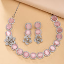 Rhodium Plated Silver Toned Pink Cussion Cut AD Studded  Necklace With Matching Drop Earrings