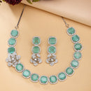 Rhodium Plated Silver Toned Sea Green Cussion Cut AD Studded  Necklace With Matching Drop Earrings