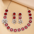 Rhodium Plated Silver Toned Red Cussion Cut AD Studded  Necklace With Matching Drop Earrings