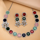 Rhodium Plated Silver Toned Multicoloured Cussion Cut AD Studded  Necklace With Matching Drop Earrings