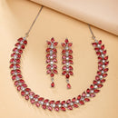Rhodium Plated Silver Toned Red Floral American Diamond Studded Necklace With Matching Earrings