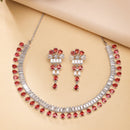 Rhodium Plated Silver Toned Red American Diamond  Studded Classic Necklace With Floral Drop Earrings