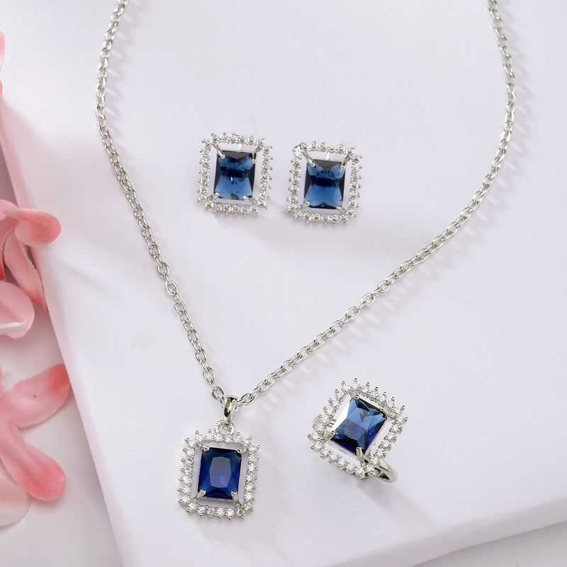 Rhodium Plated Silver Toned Square Shaped Royal Blue American Diamond Studded Pendant Combo With Ring
