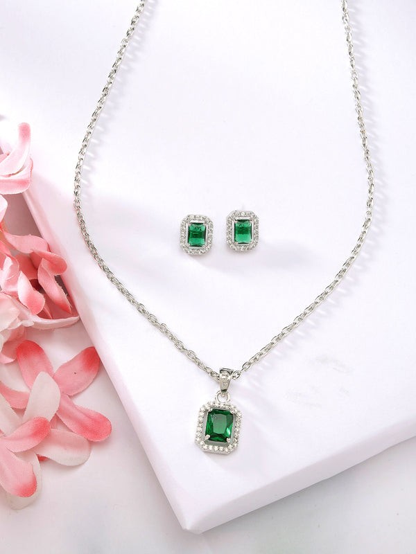 Rhodium Plated Silver Toned Square Shaped Green American Diamond Studded Pendant Set