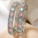 Rhodium Plated Silver Toned Sea Green & Pink Square AD Studded Set Of 2 Stylish Bangles
