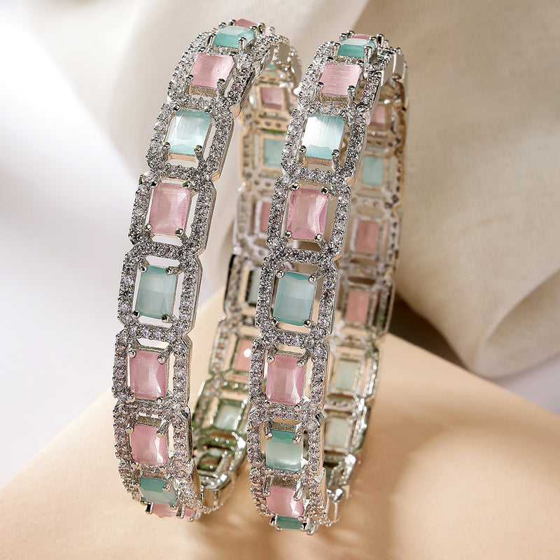 Rhodium Plated Silver Toned Sea Green & Pink Square AD Studded Set Of 2 Stylish Bangles