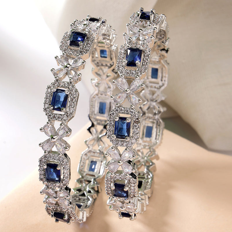 Rhodium Plated Silver Toned Royal Blue Square AD Studded Set Of 2 Floral Stylish Bangles