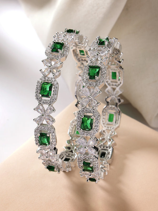 Rhodium Plated Silver Toned Green Square AD Studded Set Of 2 Floral Stylish Bangles