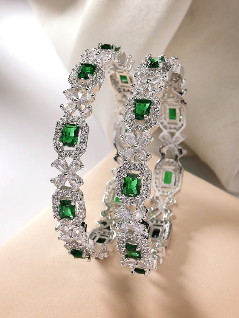 Rhodium Plated Silver Toned Green Square AD Studded Set Of 2 Floral Stylish Bangles