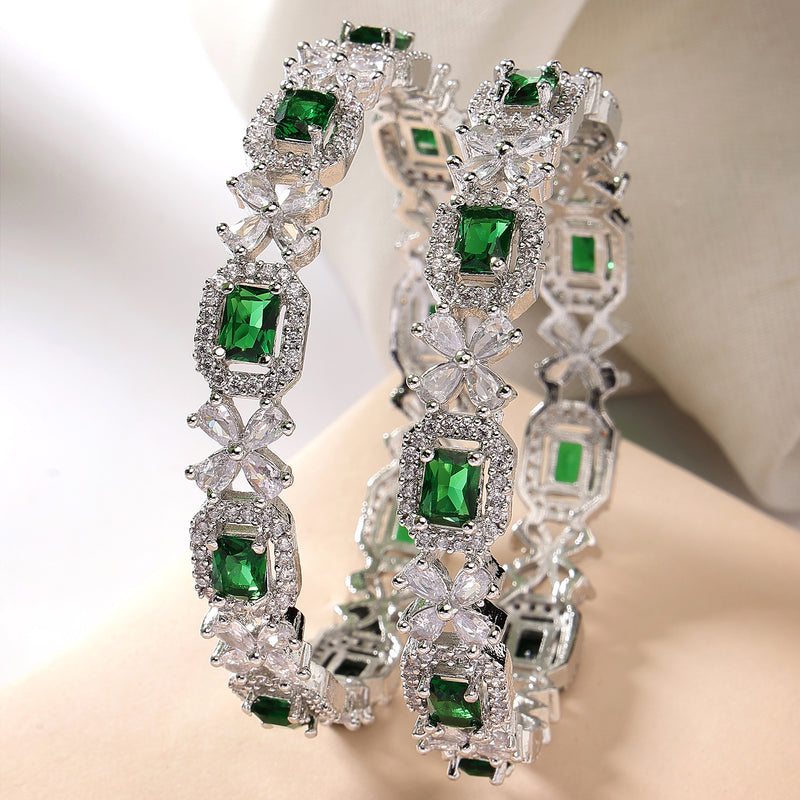 Rhodium Plated Silver Toned Green Square AD Studded Set Of 2 Floral Stylish Bangles