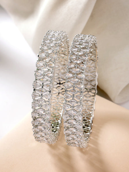 Rhodium Plated Silver Toned Set Of 2 Stylish Symetric Design Bangles