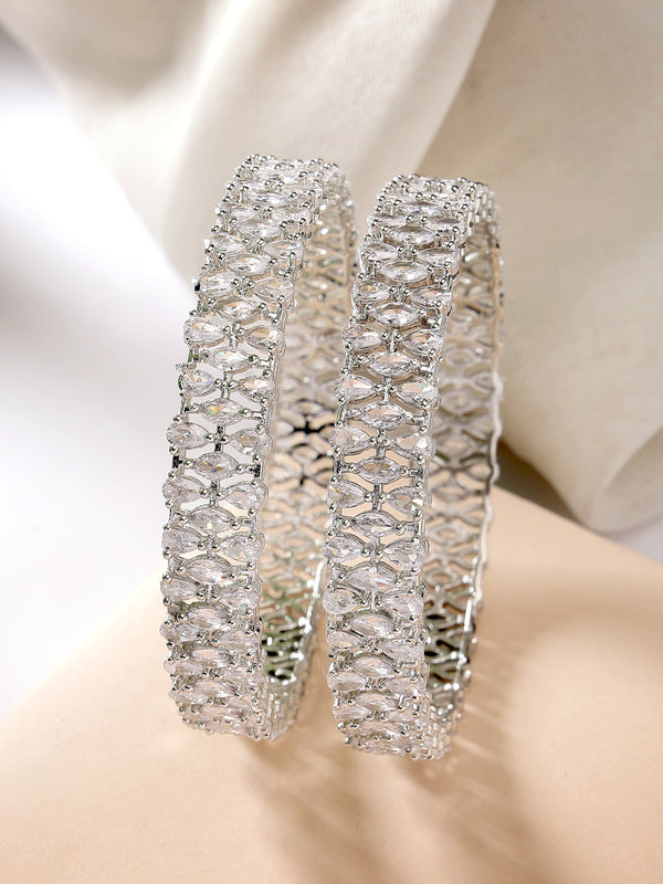 Rhodium Plated Silver Toned Set Of 2 Stylish Symetric Design Bangles