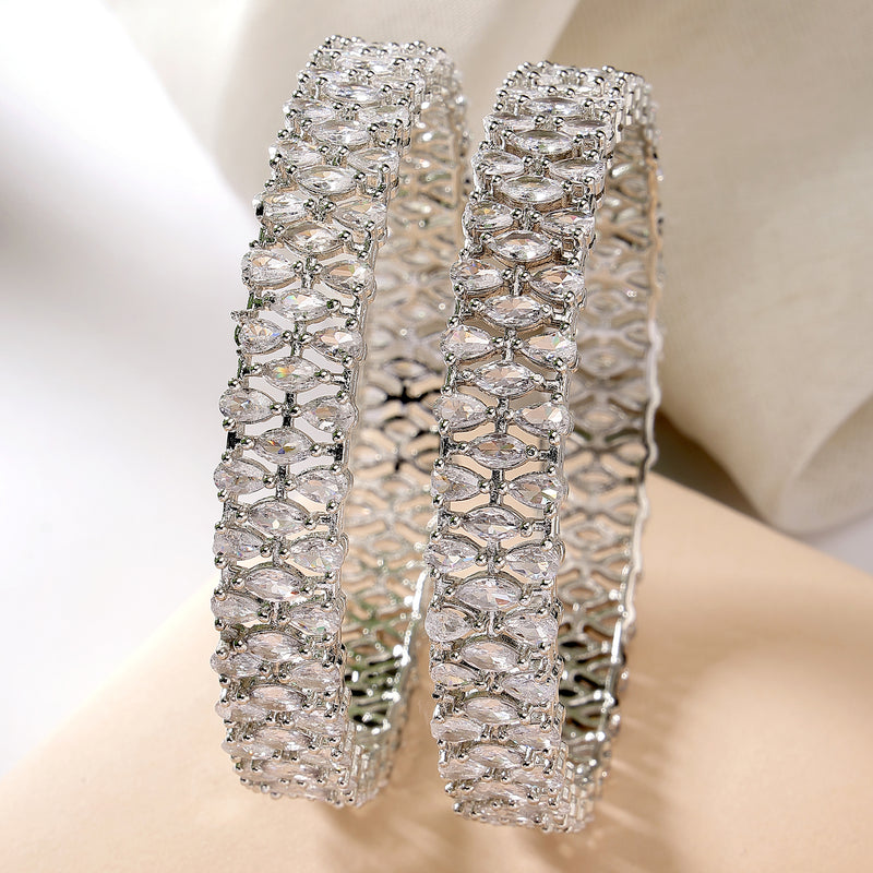 Rhodium Plated Silver Toned Set Of 2 Stylish Symetric Design Bangles