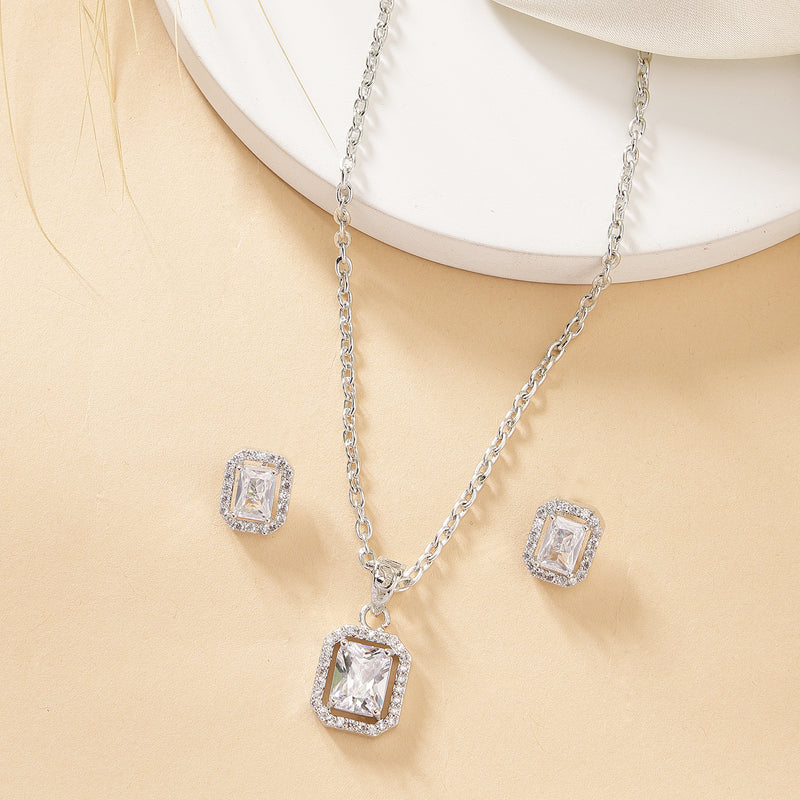 Rhodium Plated Silver Toned Square Shaped White American Diamond Studded Pendant Set