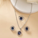 Rhodium Plated Silver Toned Royal Blue American Diamond Studded Pendant Combo With Ring