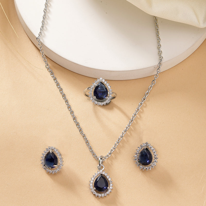 Rhodium Plated Silver Toned Tear Dropped Shaped Royal Blue American Diamond Studded Pendant Combo With Ring