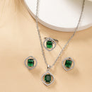 Rhodium Plated Silver Toned Green American Diamond Studded Pendant Combo With Ring