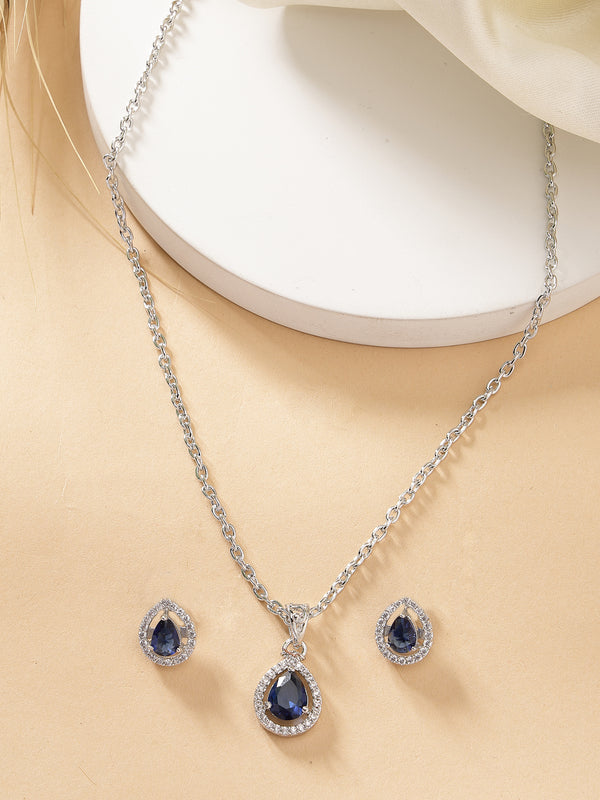 Rhodium Plated Silver Toned Tear Dropped Shaped Royal Blue American Diamond Studded Pendant Set