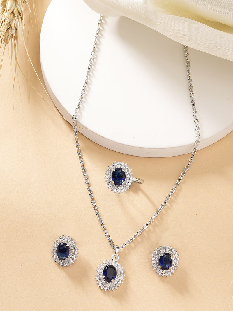 Rhodium Plated Silver Toned Oval Shaped Royal Blue American Diamond Studded Pendant Combo With Ring