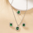 Rhodium Plated Silver Toned Emerald Square Shaped American Diamond Studded Pendant Combo With Ring