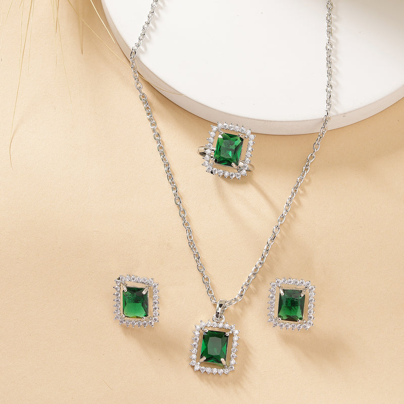 Rhodium Plated Silver Toned Emerald Square Shaped American Diamond Studded Pendant Combo With Ring