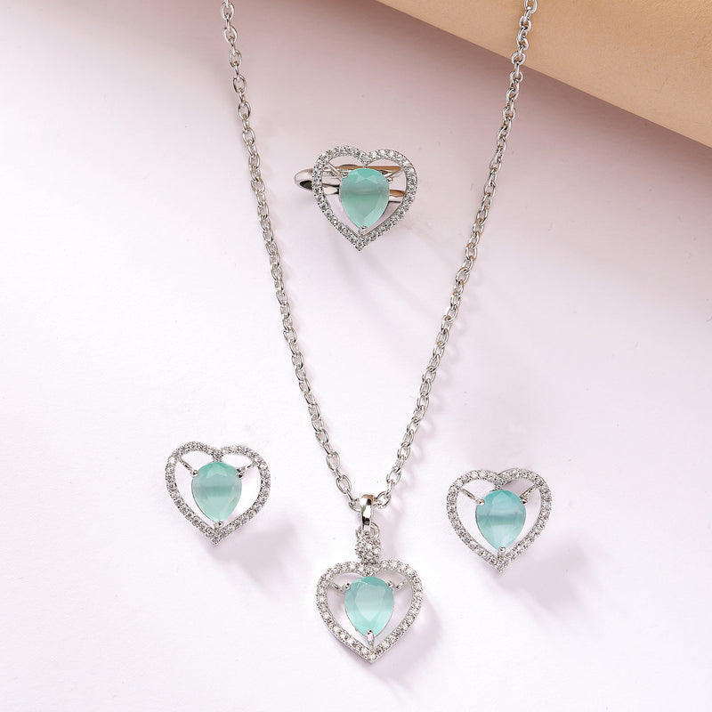 Rhodium Plated Silver Toned Heart Shaped Sea Blue American Diamond Studded Pendant Combo With Ring