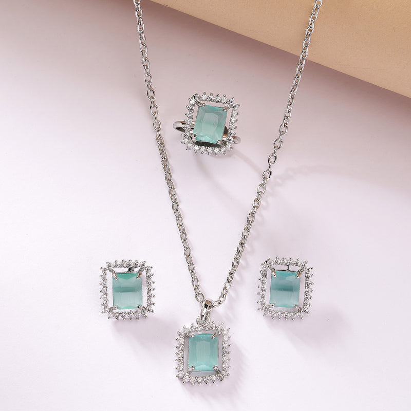 Rhodium Plated Silver Toned Square Shaped Sea Blue American Diamond Studded Pendant Combo With Ring