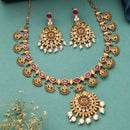 Gold Plated South Indian Temple Jewelry Lakshmi Pendant Necklace Set with Earrings Jewellery Set For Women & Girls (Lakshmi Green Stone Temple Set)