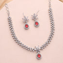 Rhodium Plated Silver-Tone Floral Designer American Diamond Necklace Set