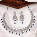 Rhodium Plated Silver Toned Blue & White American Diamond Studded Jewellery Set