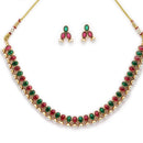 Antique Gold-Plated Traditional Temple Coin Red & Green American Diamond Studded Necklace Set